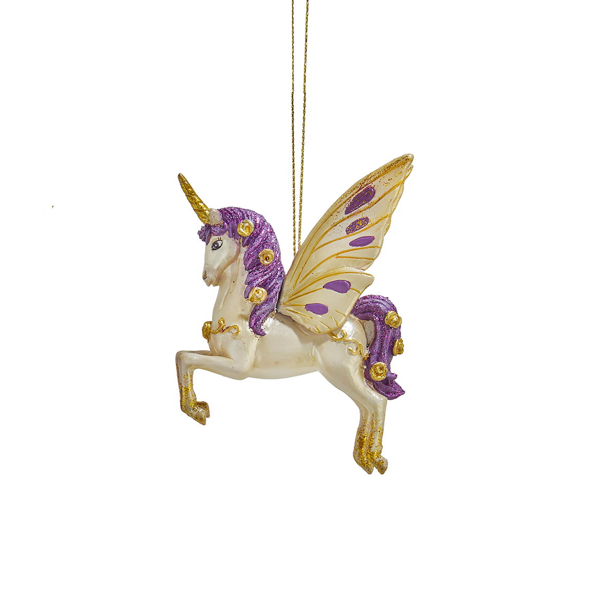 Addobbo natalizio unicorno viola e oro in resina, 11 cm, ali oro – addobbi natalizi eleganti Merry Worlds, foto 3