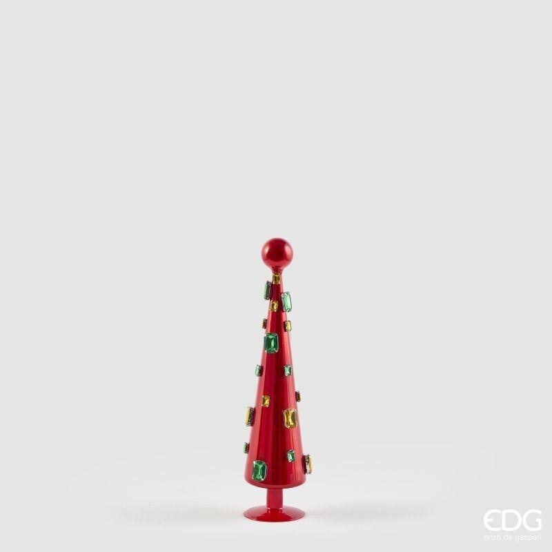 Alberello decorativo a cono in vetro rosso con gemme colorate, 34 cm