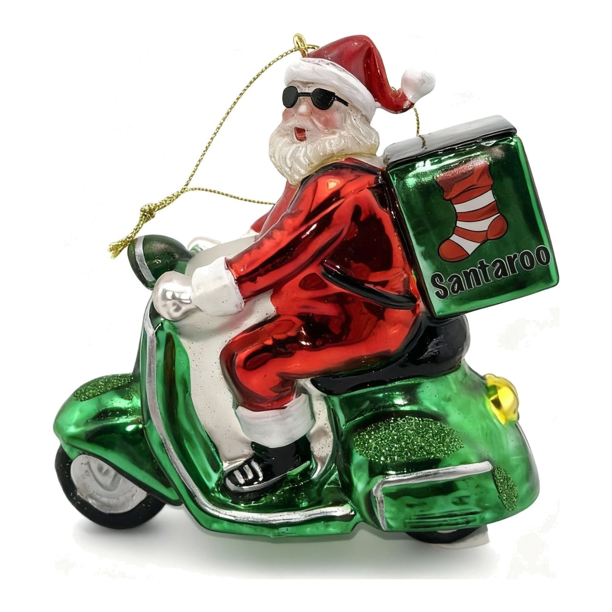 Babbo Natale delivery in scooter, decorazione natalizia in vetro 12 cm – decorazioni natalizie di design Merry Worlds