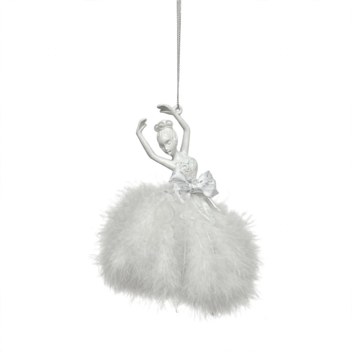 Ballerina di Natale in Abito di Piume, Ornamento Elegante per Albero Natalizio, colore Bianco – ornamenti natalizi Merry Worlds