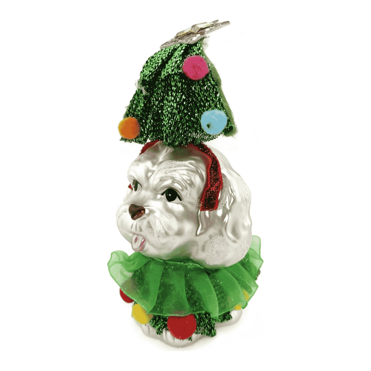 Cane maltese vestito da albero di Natale, decorazione in vetro 18 cm – ornamenti natalizi Merry Worlds