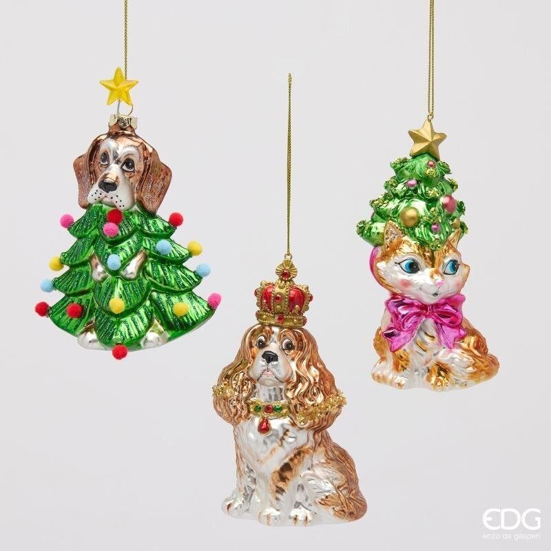 Decorazioni natalizie in vetro cagnolino alberello, cocker con corona e gattino alberello, 14 cm