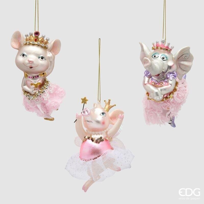 Set di 3 decorazioni natalizie in vetro: topolina, maialina ed elefantina ballerine con tutù rosa, 13 cm