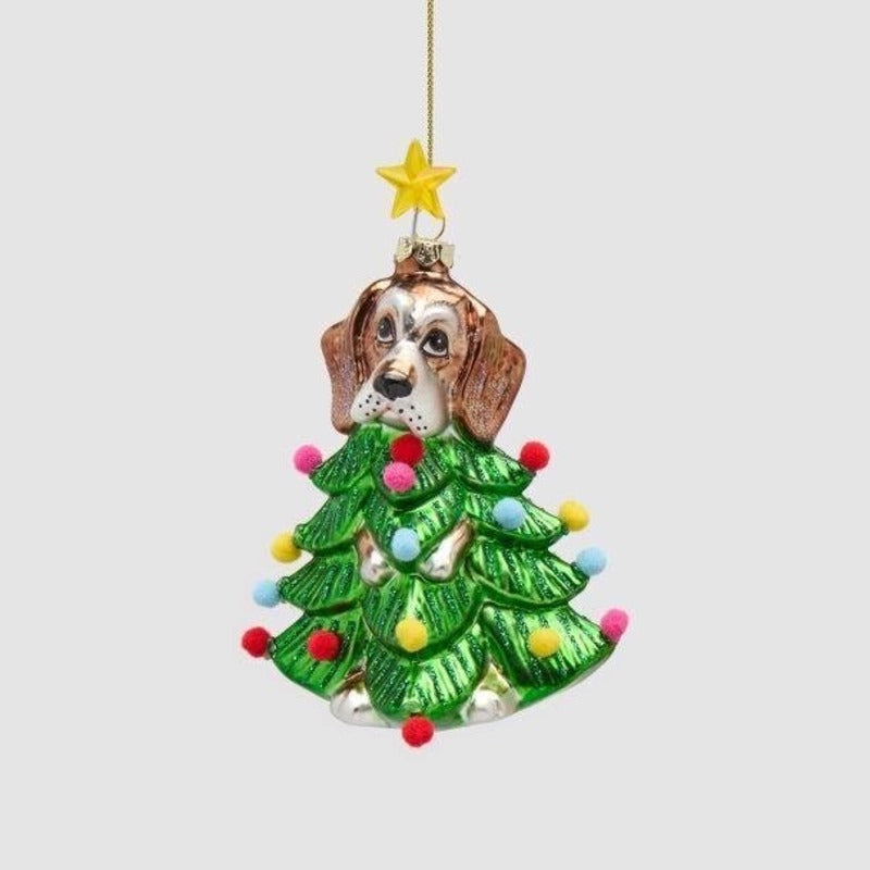 Decorazione natalizia in vetro cagnolino travestito da albero di Natale con stella, 14 cm