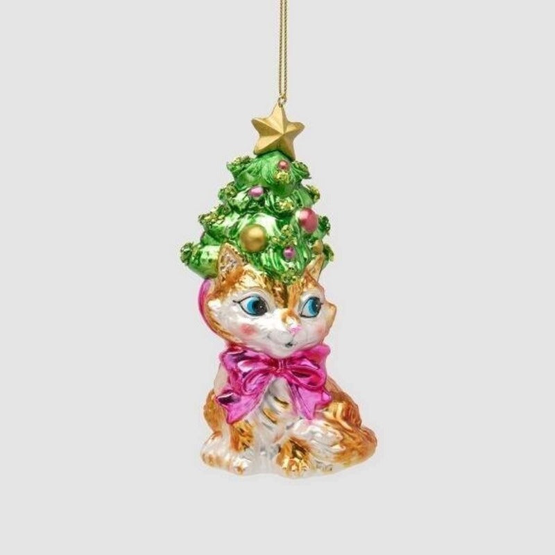 Decorazione natalizia in vetro gattino con cappello ad alberello e fiocco fucsia, 14 cm
