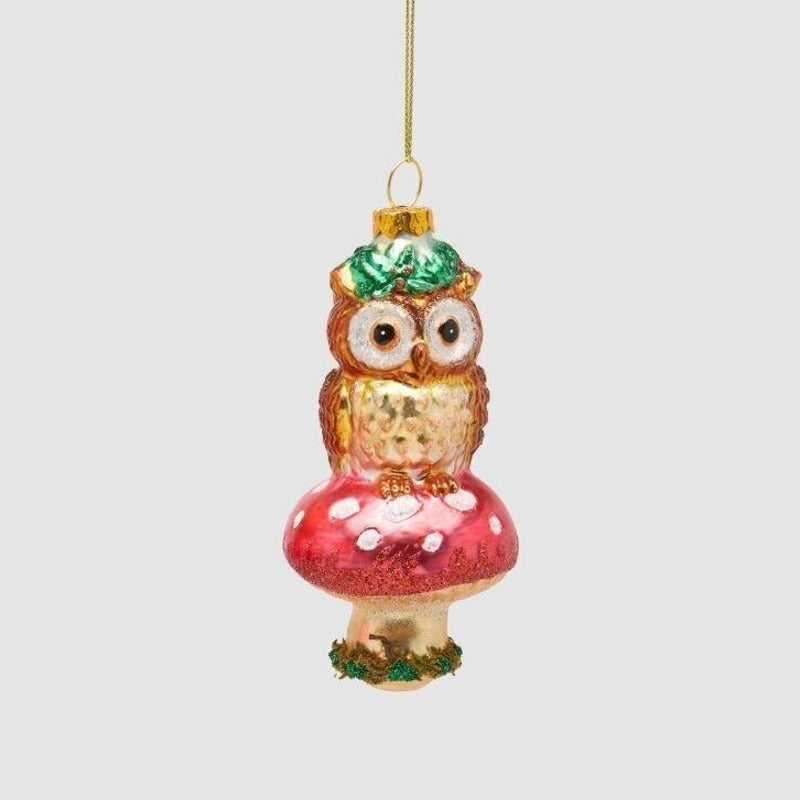 Decorazione natalizia in vetro gufo seduto su fungo rosso a pois, 13 cm