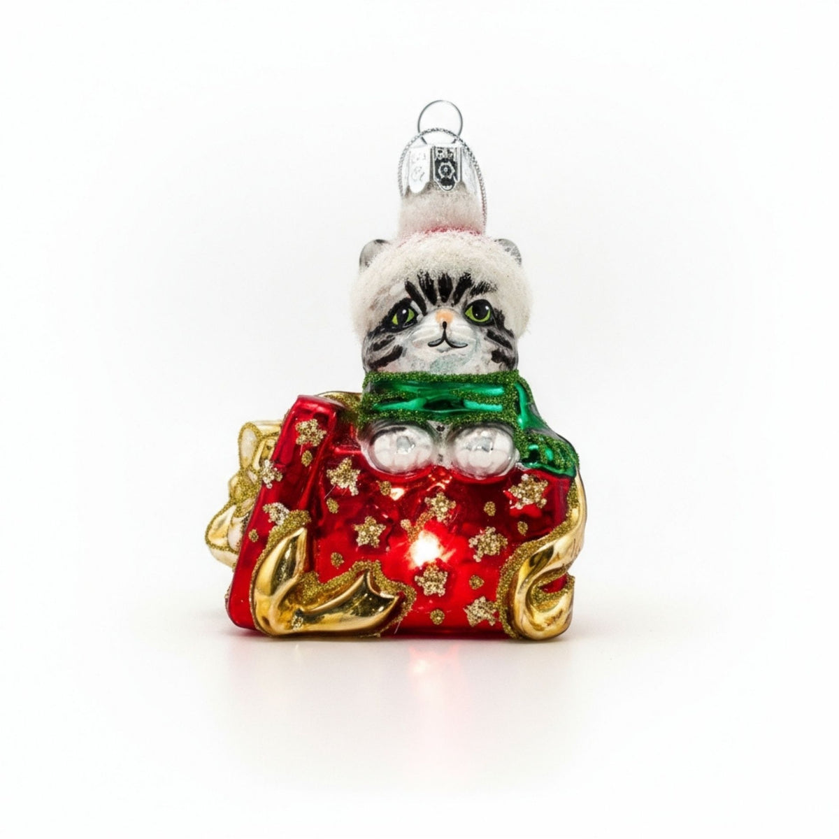 Gattino che salta fuori dalla scatola regalo in vetro, gattino grigio – decorazioni per albero di Natale Merry Worlds, foto 2