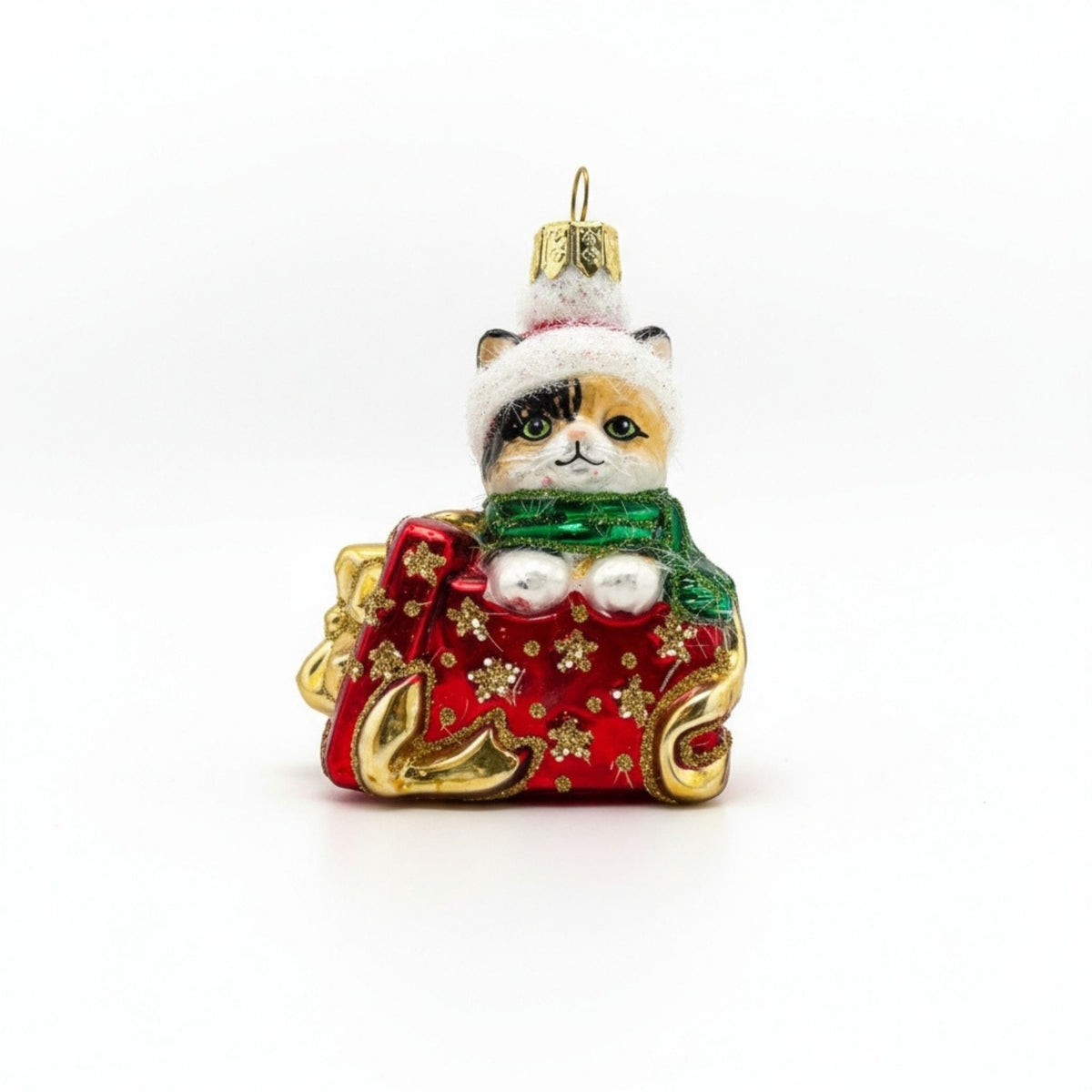Gattino che salta fuori dalla scatola regalo in vetro, gattino tricolore – addobbi natalizi eleganti Merry Worlds, foto 3