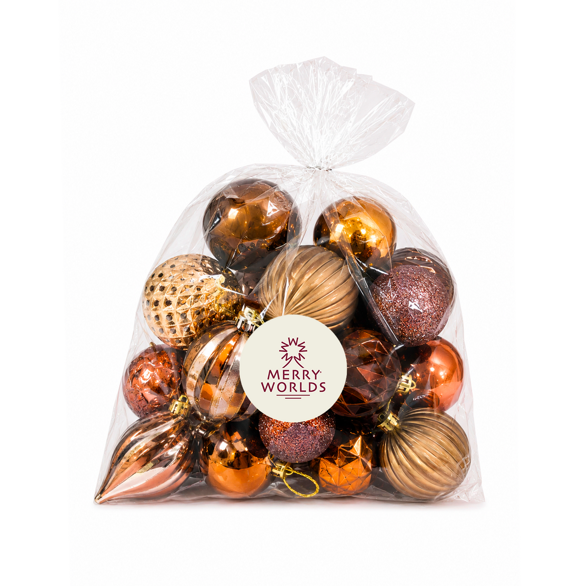 Set 20 palline di Natale in plastica con ciondoli, Ø 4/6/8 cm, colore bronzo – ornamenti natalizi Merry Worlds, foto 6