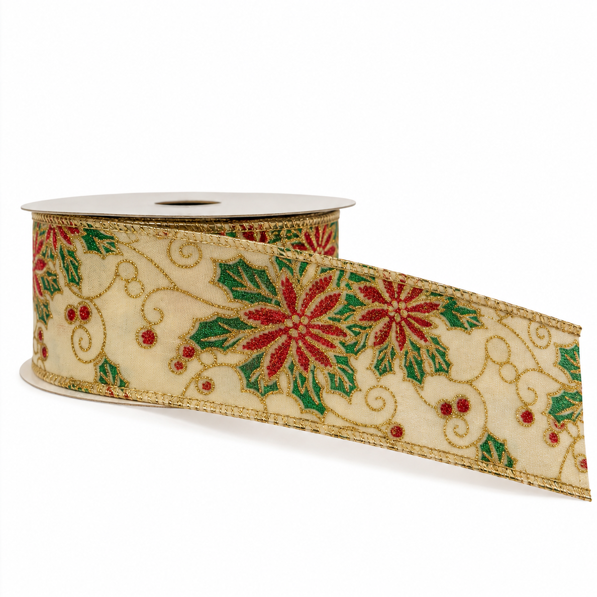 Nastro di Natale in Tessuto Beige con Stelle Ricamate Rosse e Intarsi Oro