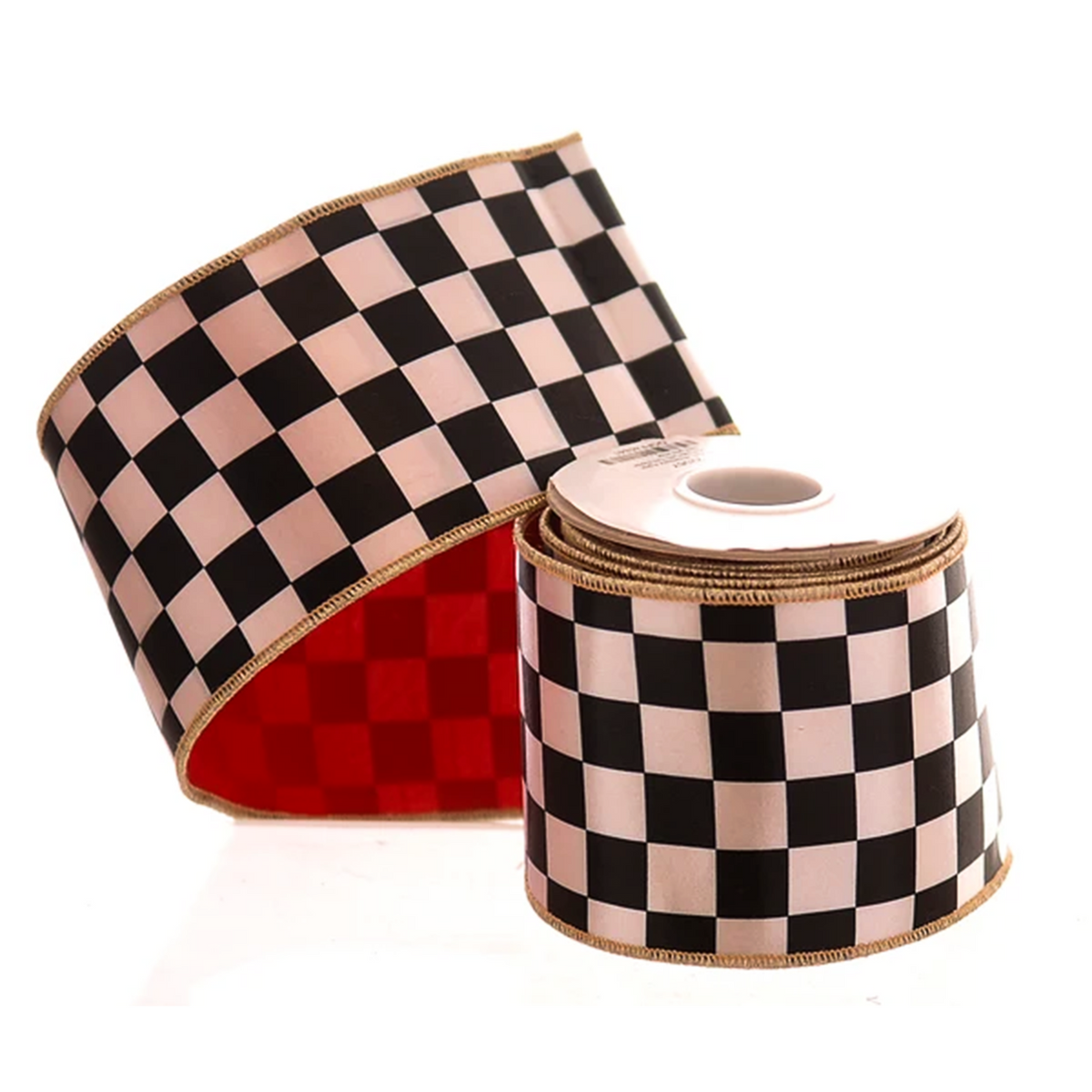 Nastro natalizio a scacchi bianco e nero con retro rosso, 10 cm x 4,6 m – nastri natalizi Merry Worlds