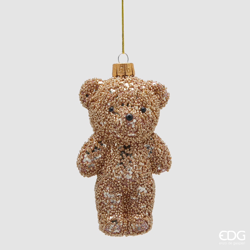 Orsetto in vetro ricoperto di glitter e microperline oro, decorazione per albero di Natale 14 cm