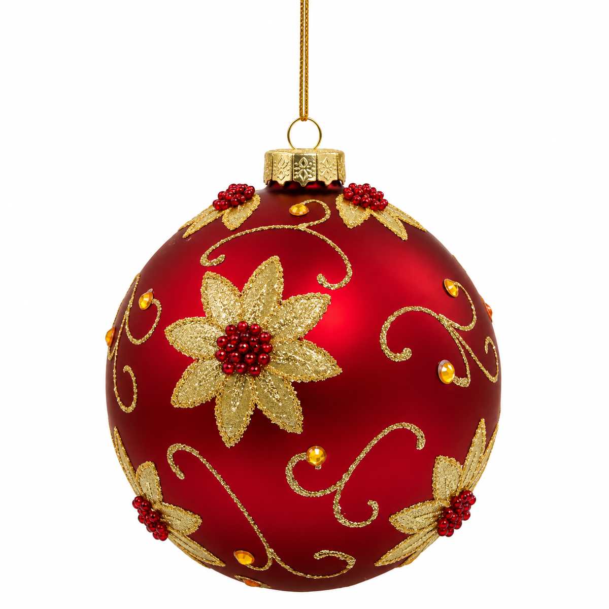 Pallina di Natale in vetro rosso opaco da 12 cm con stelle di Natale in glitter oro, perline rosse e strass – Merry Worlds