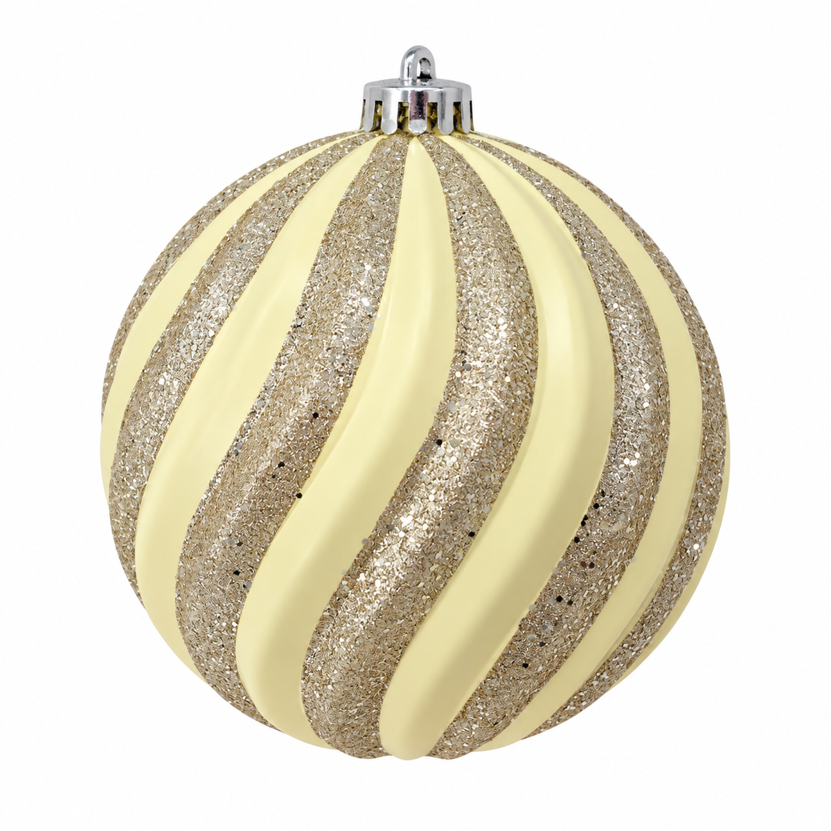 Pallina di Natale infrangibile strisce avorio e champagne, 15 cm – palline di Natale infrangibili Merry Worlds