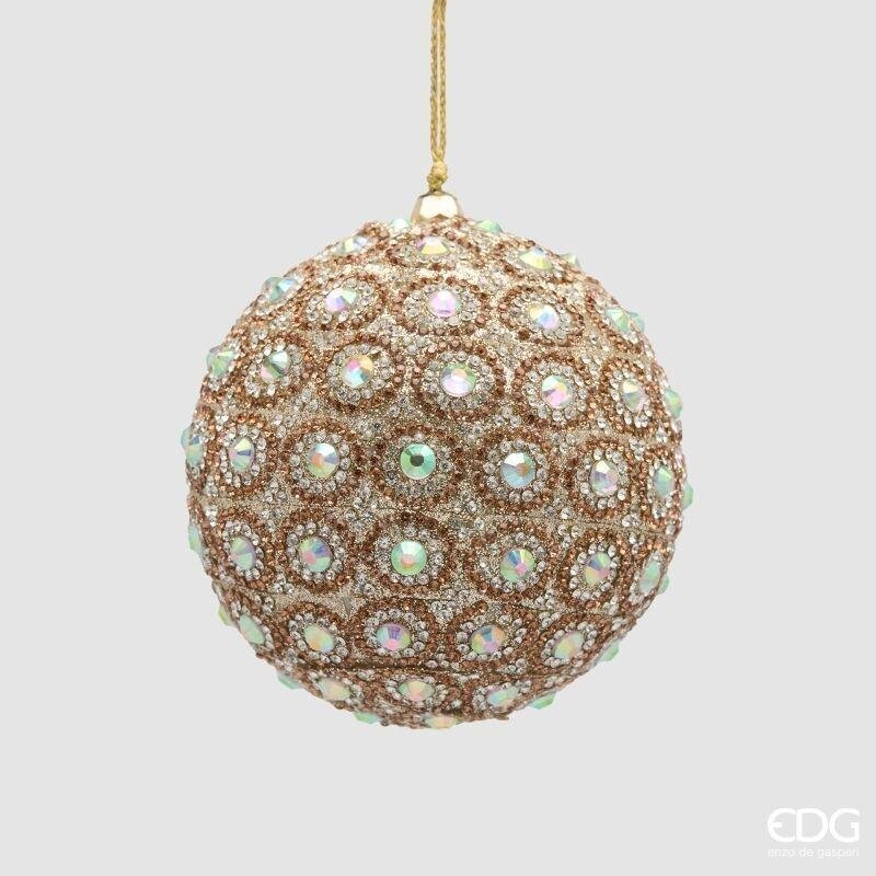 Pallina di Natale in vetro Top Jewel con strass iridescenti su base champagne e oro, 10 cm