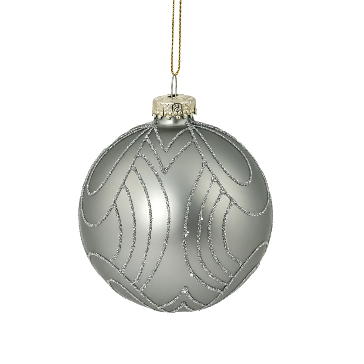 Pallina di Natale in vetro argento opaco con decoro archi, 8 cm – palline di Natale in vetro Merry Worlds