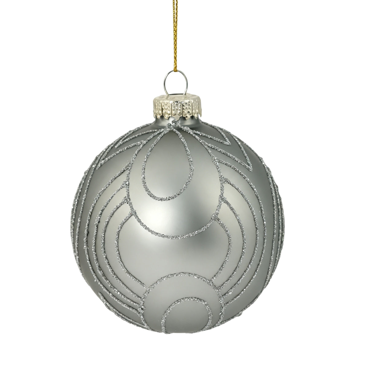 Pallina di Natale in vetro argento opaco con decoro archi, 8 cm, dettaglio – ornamenti natalizi Merry Worlds, foto 2