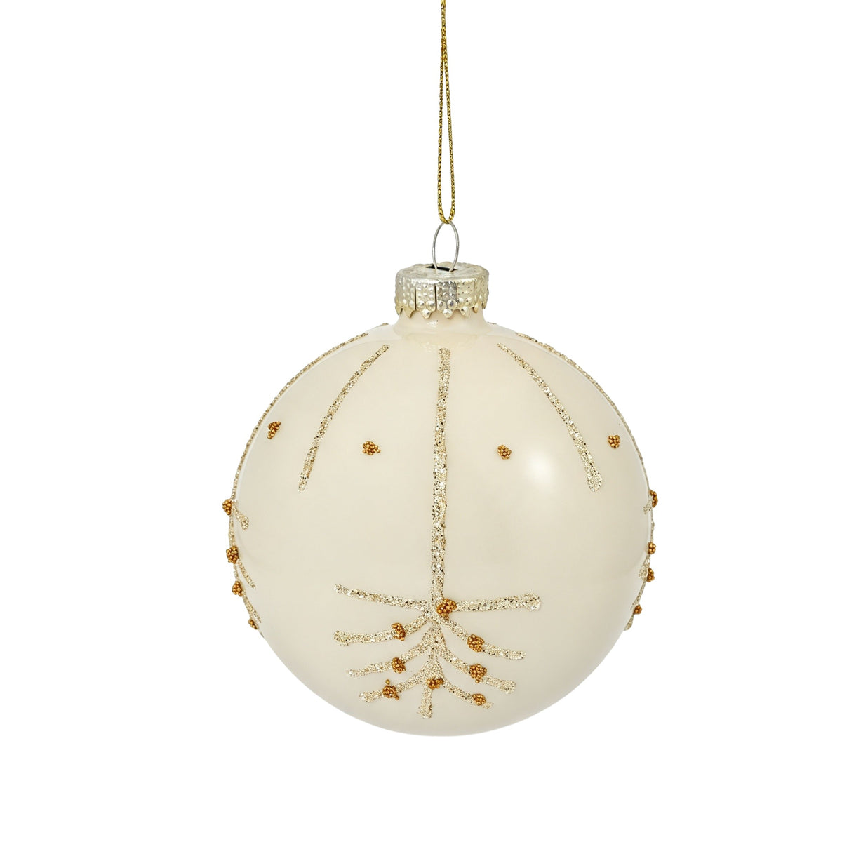 Pallina di Natale in vetro avorio lucido con decoro oro, 8 cm, dettaglio – ornamenti natalizi Merry Worlds, foto 2