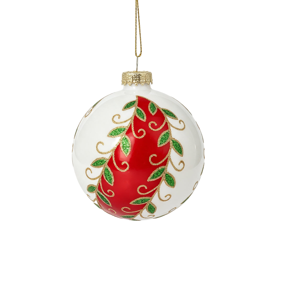Pallina di Natale in vetro bianco lucido con decoro vischio e bacche, 8 cm, dettaglio – decorazioni per albero di Natale Merry Worlds, foto 2