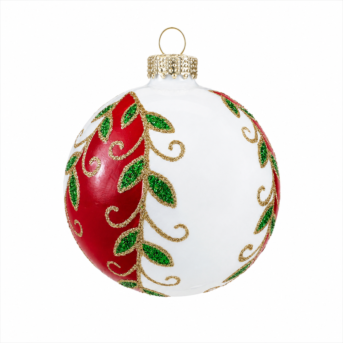 Pallina di Natale in vetro bianco lucido con decoro vischio e bacche, 8 cm – palline di Natale eleganti Merry Worlds, foto 3