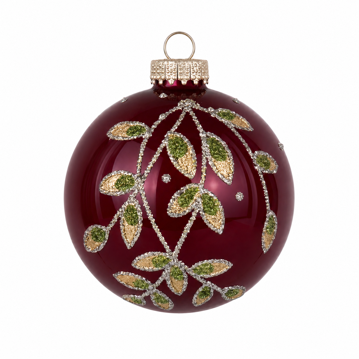 Pallina di Natale in vetro bordeaux con decoro foglie oro, 8 cm – decorazioni per albero di Natale Merry Worlds, foto 2