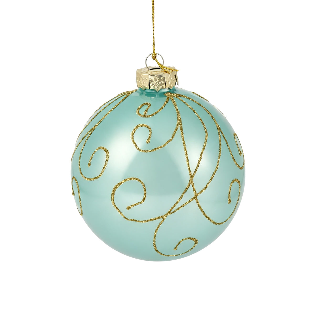 Pallina di Natale in vetro celeste lucido con decoro oro, 8 cm – palline di Natale in vetro Merry Worlds