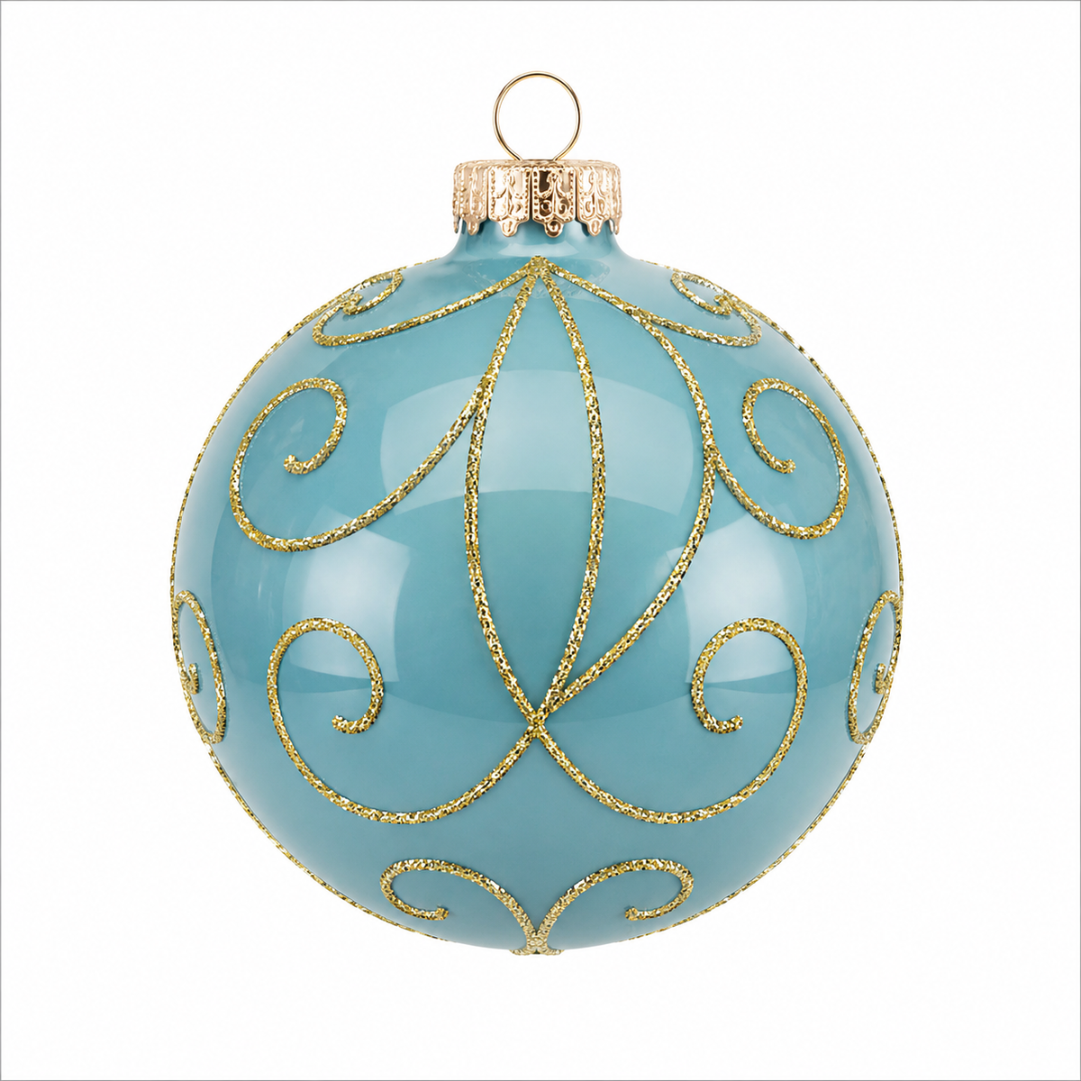 Pallina di Natale in vetro celeste lucido con decoro oro, 8 cm – decorazioni per albero di Natale Merry Worlds, foto 2