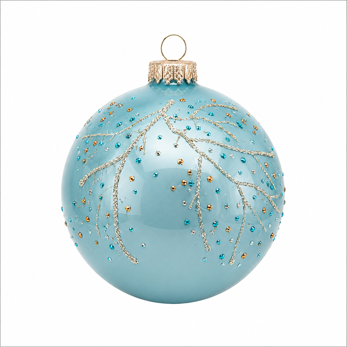 Pallina di Natale in vetro celeste lucido con decoro rami oro, 8 cm – decorazioni per albero di Natale Merry Worlds, foto 2