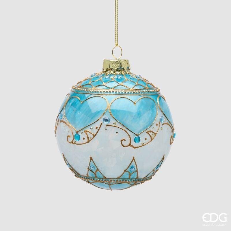 Pallina di Natale in vetro bianca con cuori azzurri e decori oro, 10 cm