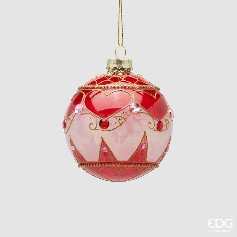 Pallina di Natale in vetro rosa con cuori rossi e decori oro, 8 cm