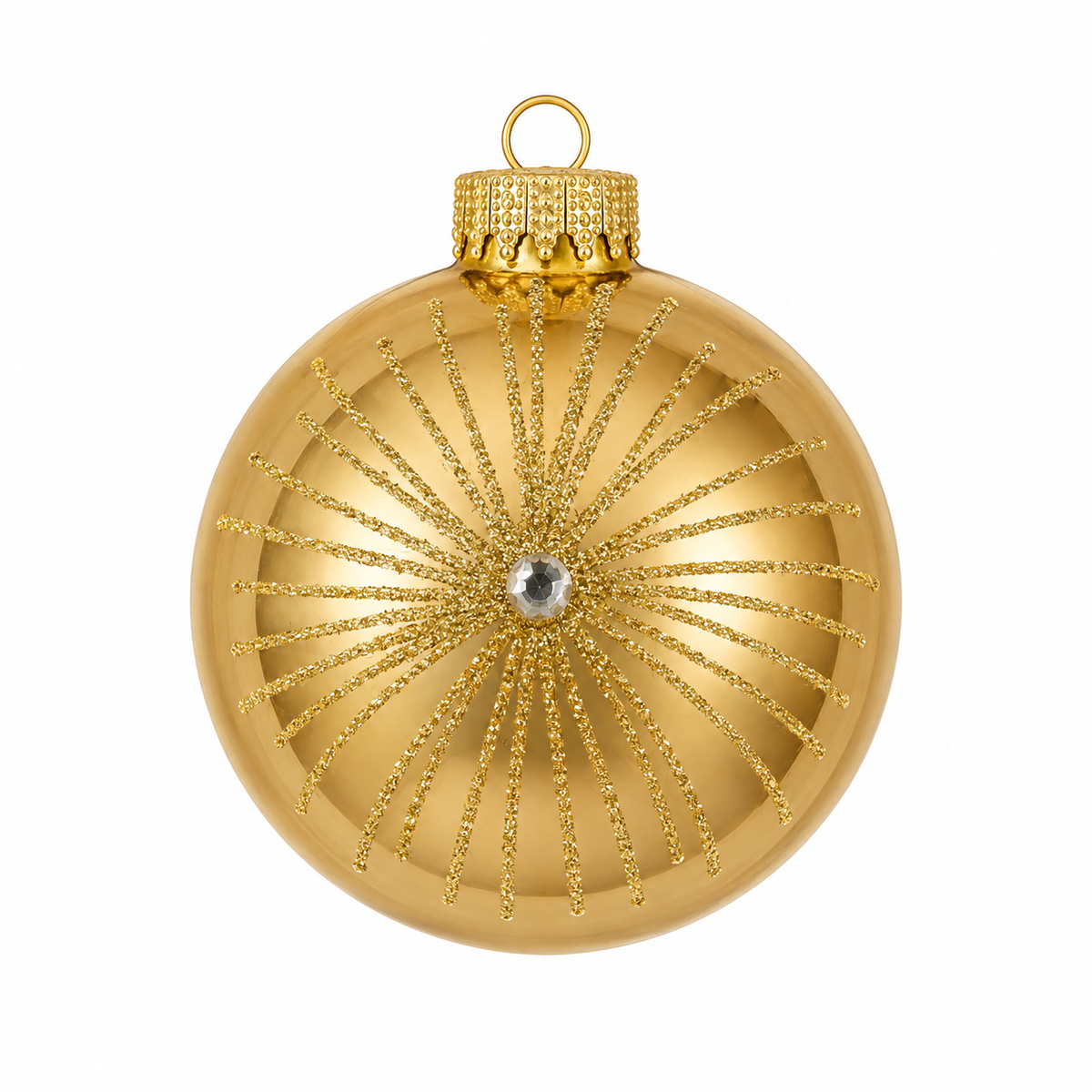 Pallina di Natale in vetro oro lucido decoro a raggiera, 8 cm – decorazioni per albero di Natale Merry Worlds, foto 2