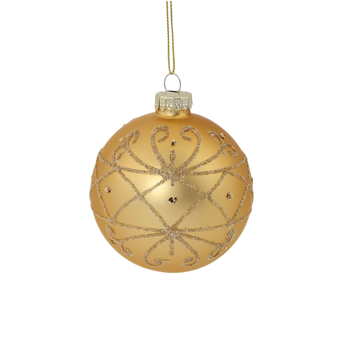 Pallina di Natale in vetro oro opaco con decoro argento glitter, 8 cm, dettaglio – ornamenti natalizi Merry Worlds, foto 2