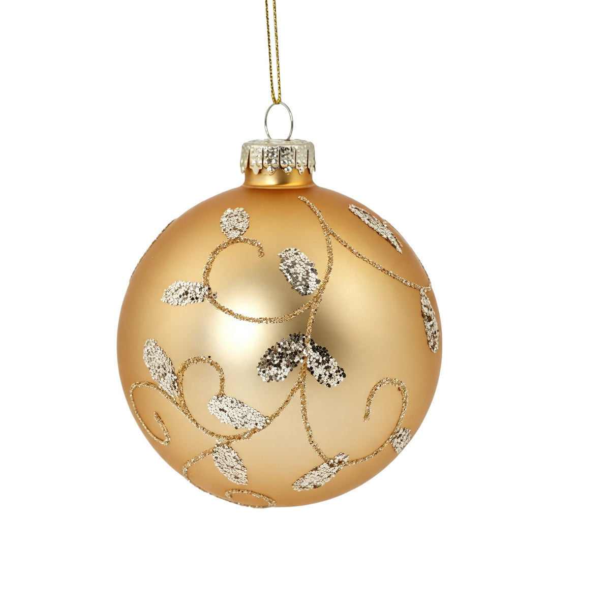 Pallina di Natale in vetro oro opaco con decoro volute in oro, 8 cm – palline di Natale in vetro Merry Worlds