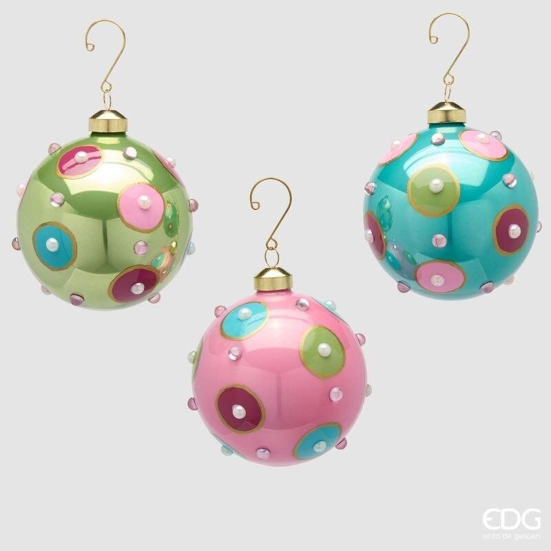 Palline di Natale in vetro pastello verde, rosa e azzurra con cerchi colorati, 10 cm