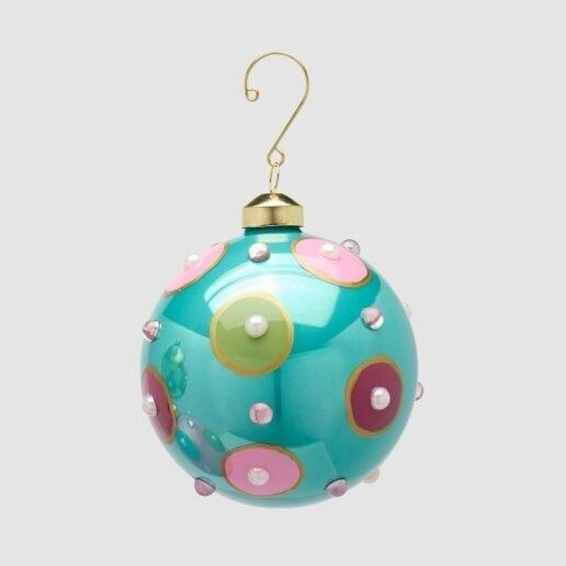 Pallina di Natale in vetro azzurra pastello con cerchi colorati in rilievo, 10 cm