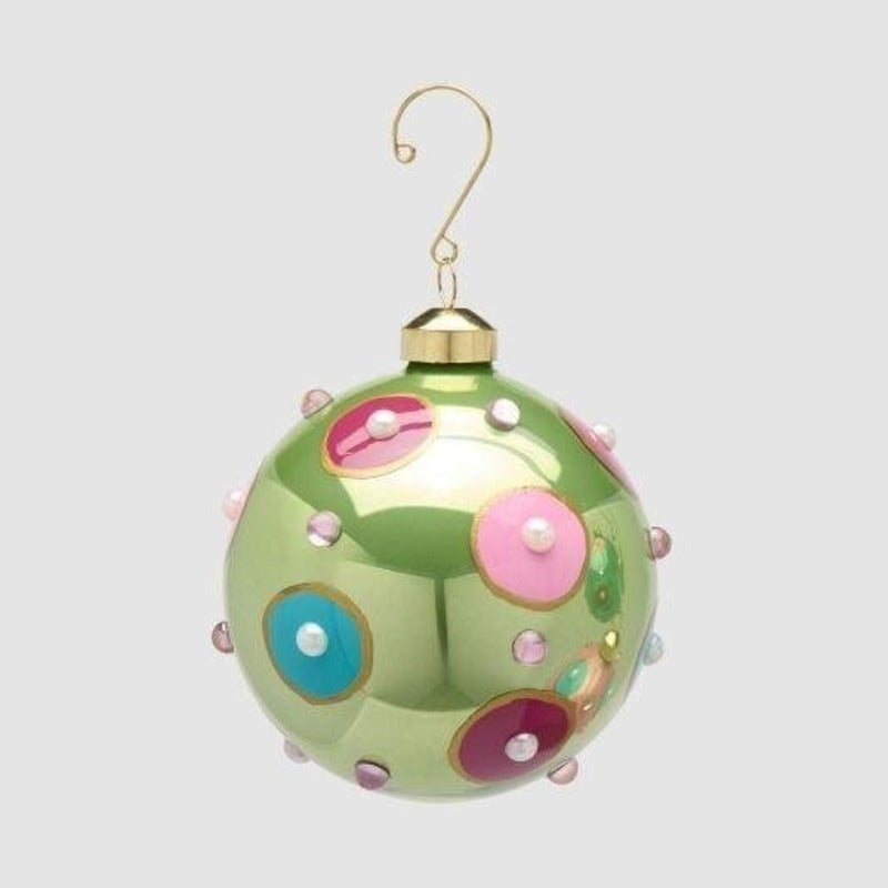 Pallina di Natale in vetro verde pastello con cerchi colorati in rilievo, 10 cm