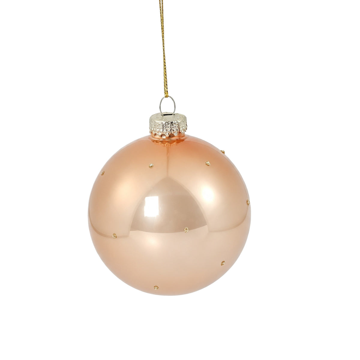 Pallina di Natale in vetro rosa cipria con decoro fiore oro, 8 cm, dettaglio – ornamenti natalizi Merry Worlds, foto 2