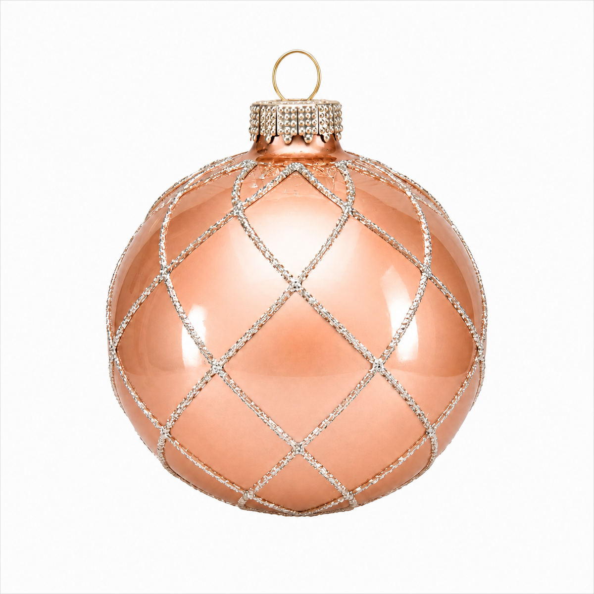 Pallina di Natale in vetro rosa cipria con decoro rombi oro, 8 cm – decorazioni per albero di Natale Merry Worlds, foto 2