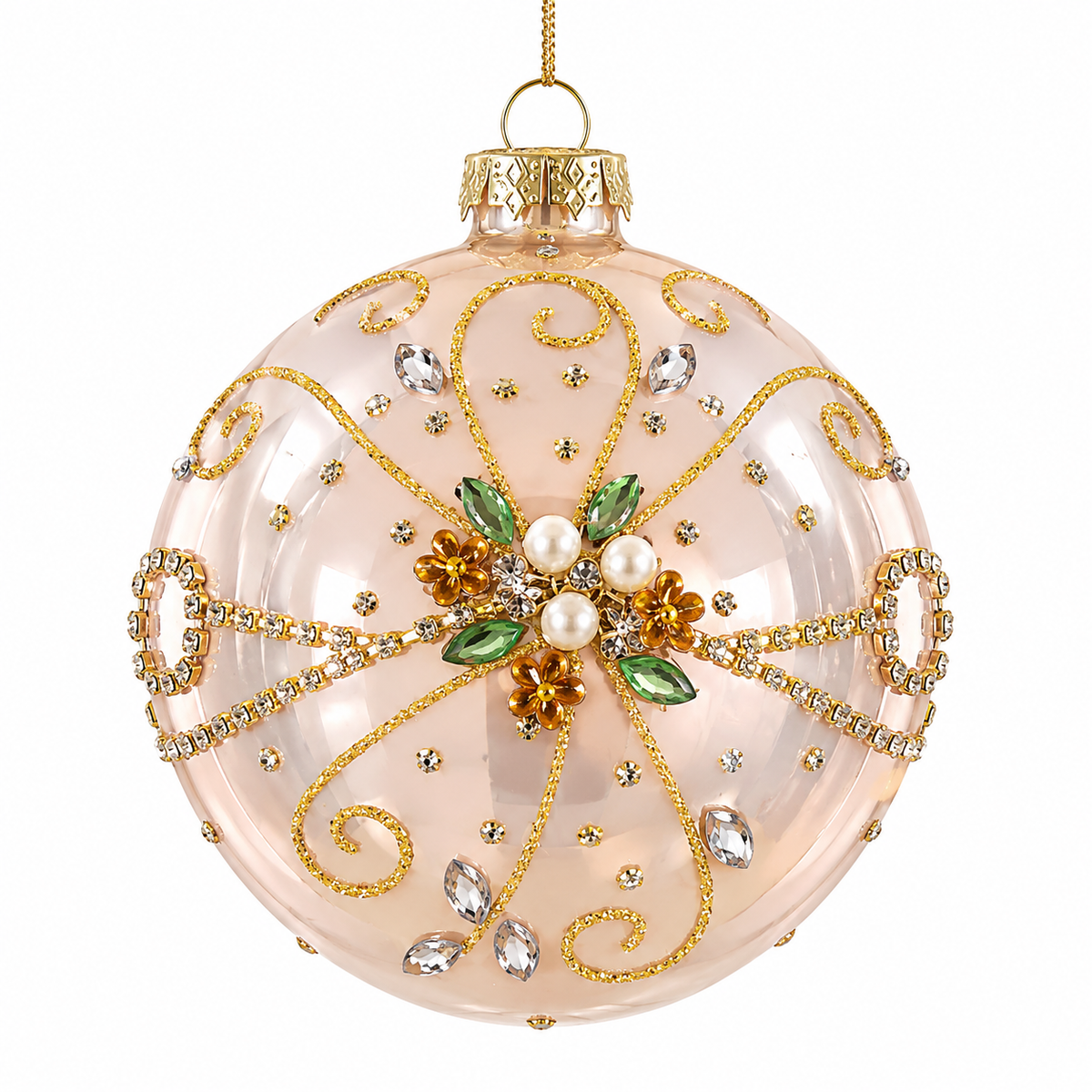 Pallina di Natale in vetro rosa perlato con perle e decori oro – palline di Natale eleganti Merry Worlds