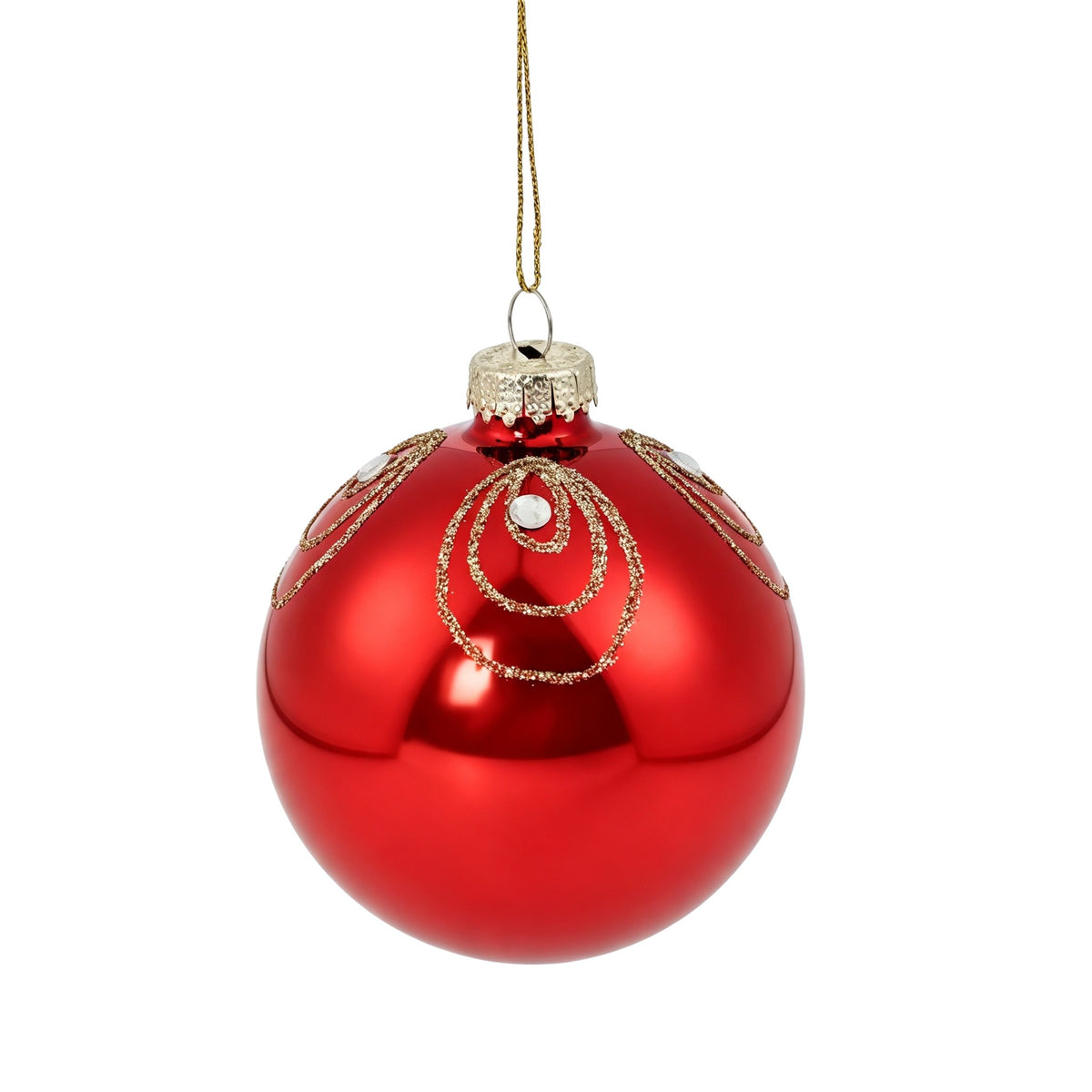 Pallina di Natale in vetro rosso lucido con decoro cerchi d'oro e strass, 8 cm – palline di Natale in vetro Merry Worlds