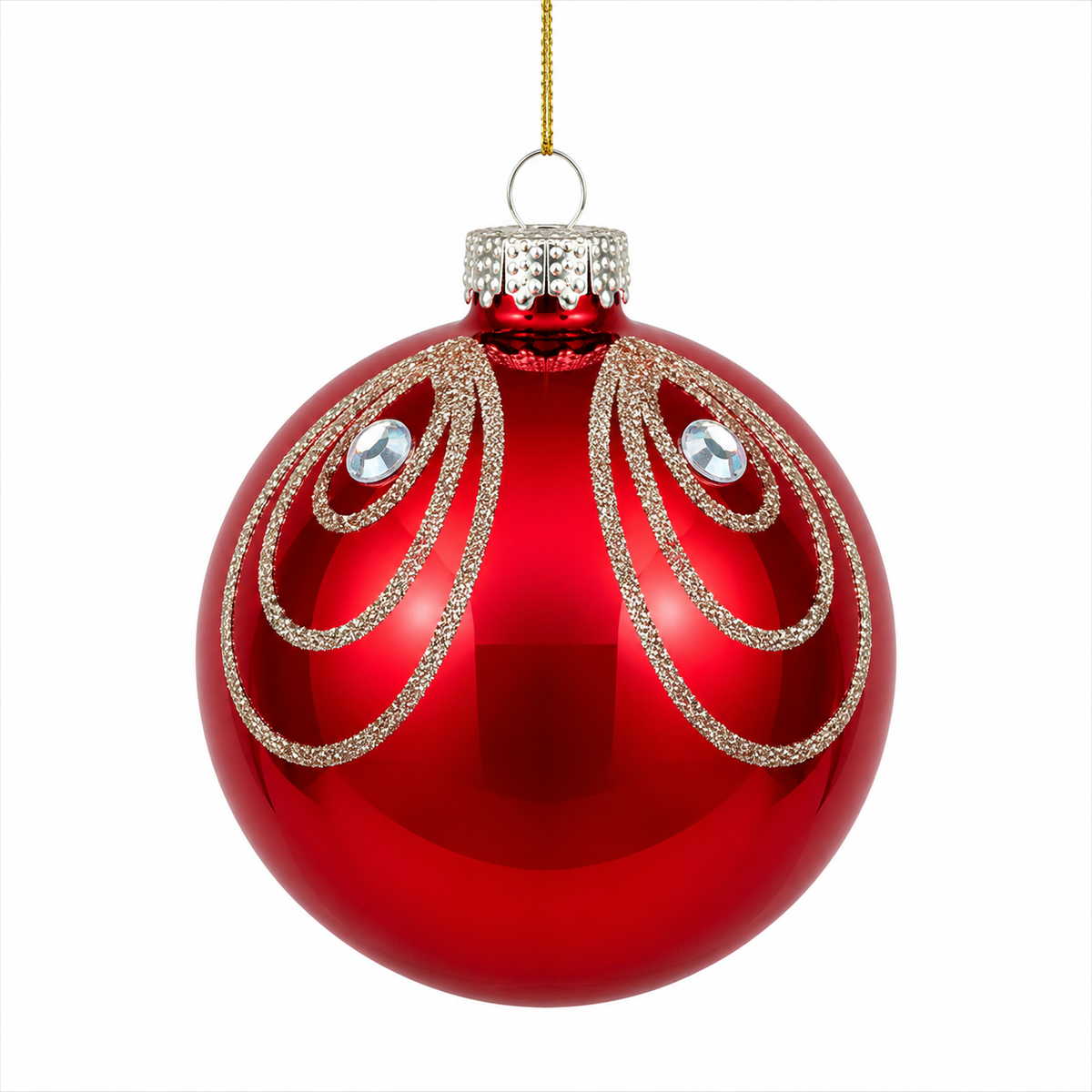Pallina di Natale in vetro rosso lucido con decoro cerchi d'oro e strass, 8 cm – ornamenti natalizi Merry Worlds, foto 2