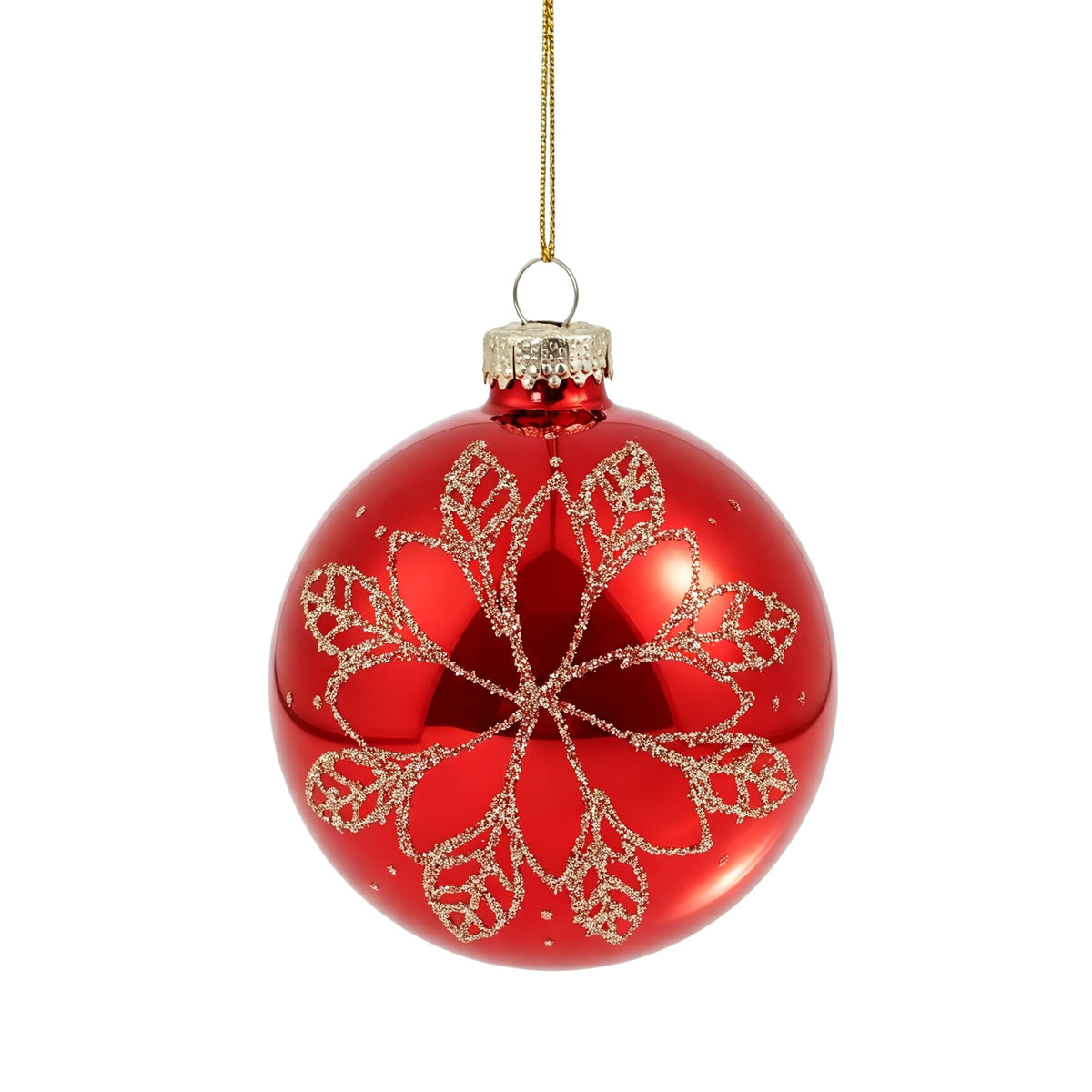 Pallina di Natale in vetro rosso lucido con grande decoro fiore oro, 8 cm – palline di Natale in vetro Merry Worlds