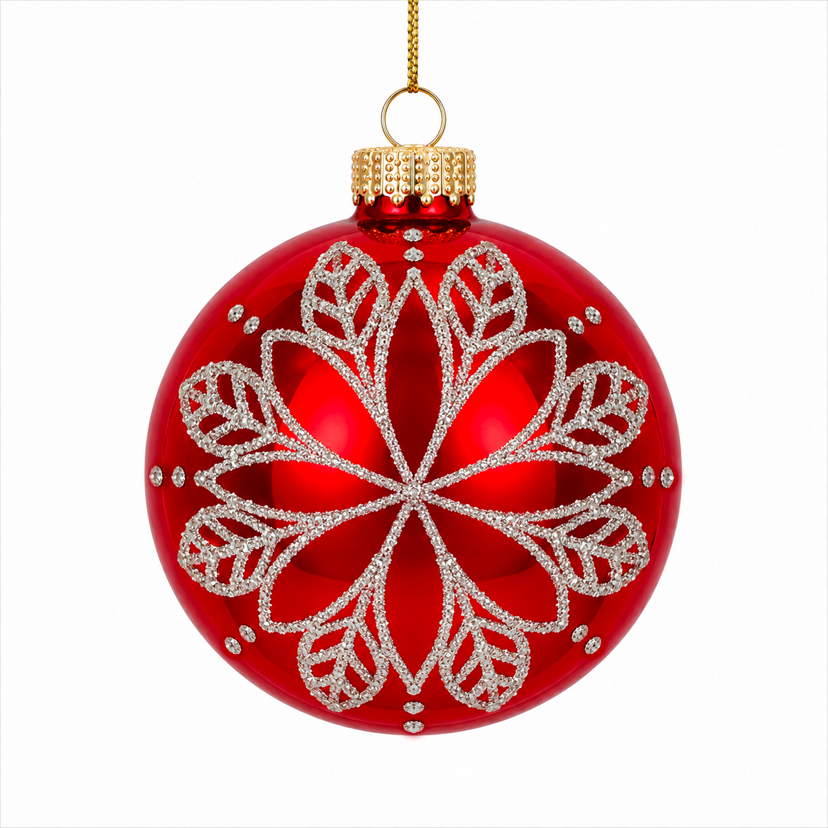 Pallina di Natale in vetro rosso lucido con grande decoro fiore oro, 8 cm – ornamenti natalizi Merry Worlds, foto 2