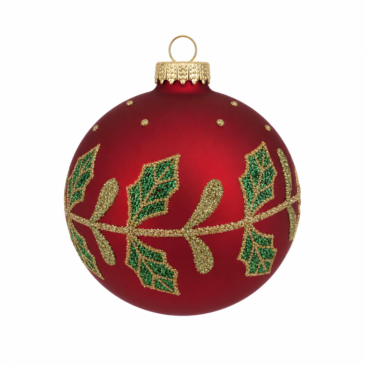 Pallina di Natale in vetro rosso opaco con decoro foglie agrifoglio, 8 cm – ornamenti natalizi Merry Worlds, foto 2