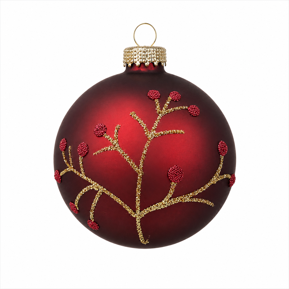 Pallina di Natale in vetro rosso opaco con decoro rami e bacche, 8 cm – decorazioni per albero di Natale Merry Worlds, foto 2
