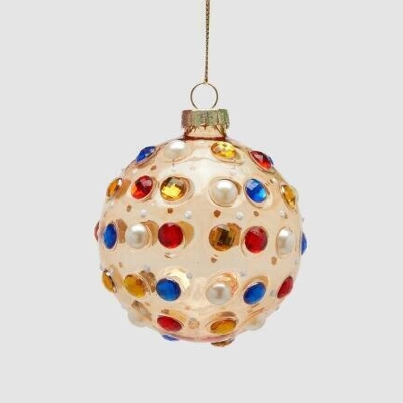 Pallina di Natale in vetro bianca e oro ricoperta di gemme colorate, 8 cm