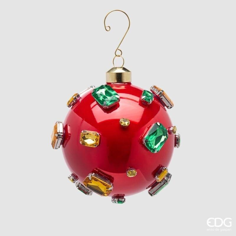 Pallina di Natale in vetro rosso lucido con grandi gemme colorate, 10 cm
