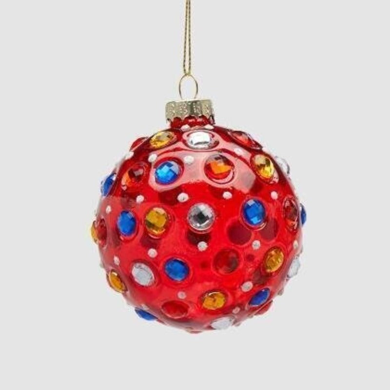 Pallina di Natale in vetro rossa ricoperta di gemme colorate, 8 cm