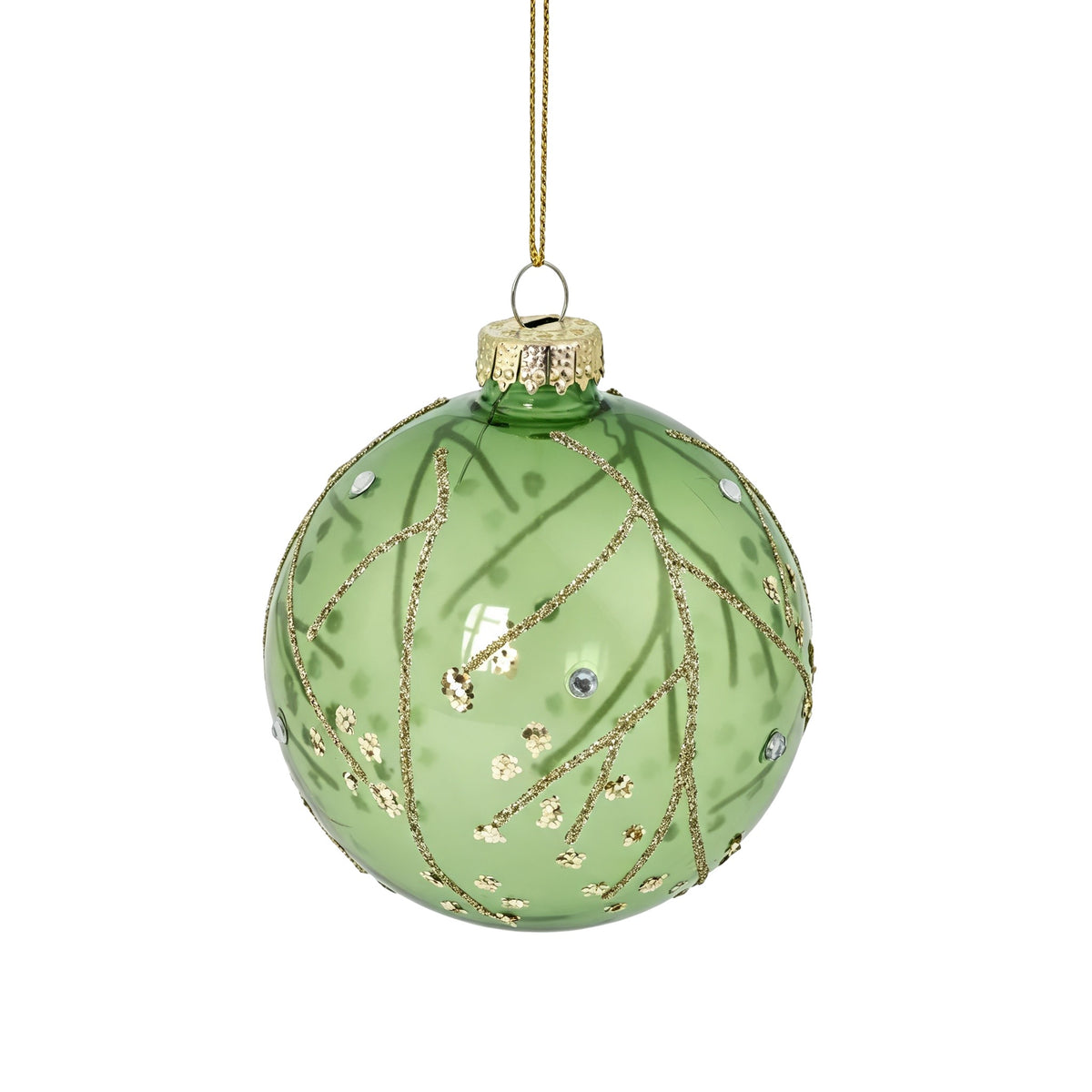 Pallina di Natale in vetro verde opaco con decoro rami botanici, 8 cm – palline di Natale in vetro Merry Worlds