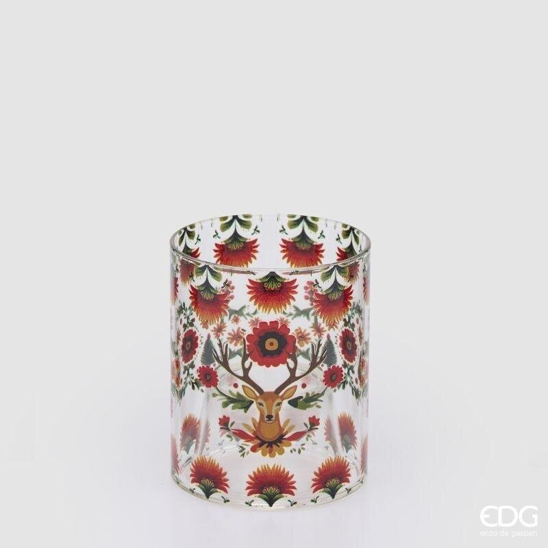 Portacandela a cilindro in vetro con decoro folk di fiori rossi e cervi, 11,5 cm